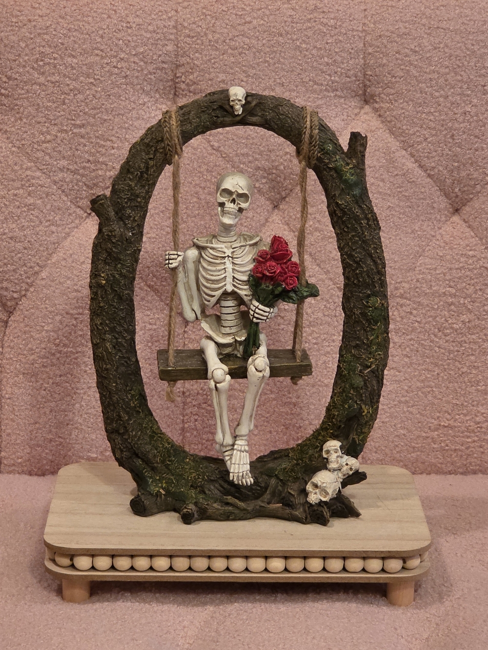 Skeleton on Swing Figurine with Red Roses